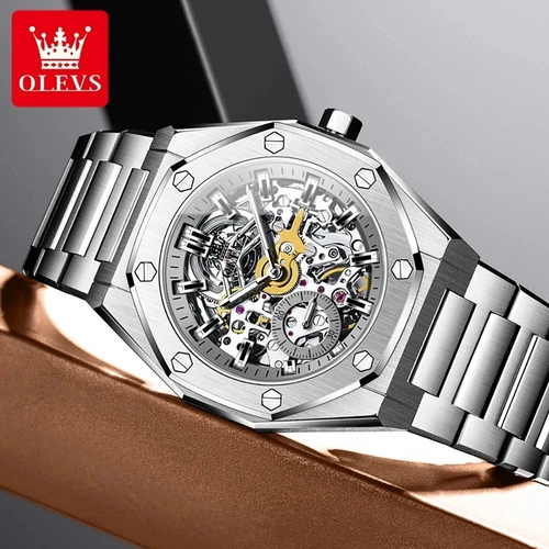 OLEVS Automatic Mechanical Waterproof Luxury Watch Men Skeleton Men's Strap - Picture 12 of 28