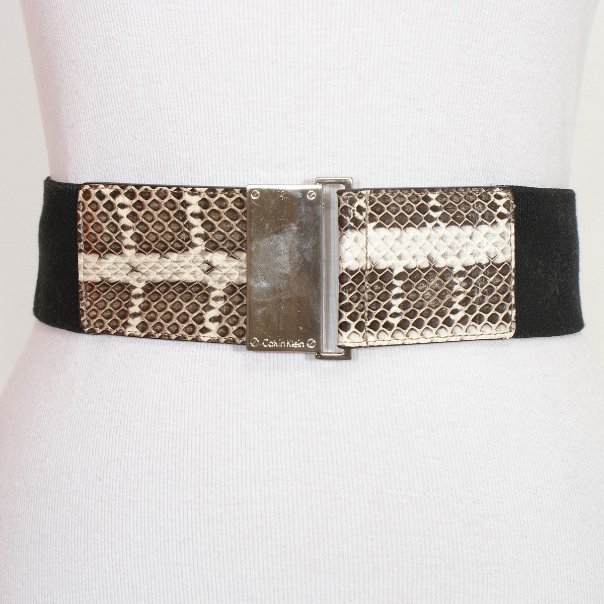 Calvin Klein wide stretchy Black belt with leather accent Black Leather Belt Calvin Klein Monogram Gold CK Belt Size  main image 4