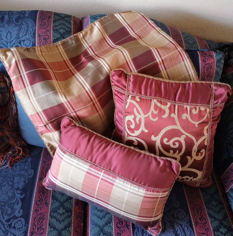 Лот 3 декоративная подушка красное золото клетку и завитки 26» Евро 11 x 18» поясничный 16» квадратный - Изображение 2 из 4