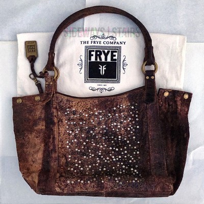 FRYE DEBORAH LEATHER HIDE HANGBAG brown studded trashed  display picture 3