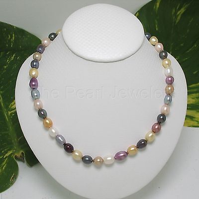 Details about   Multi-Color Rice Shaped Freshwater Cultured Pearls Necklace 925 Silver Clasp TPJ 
