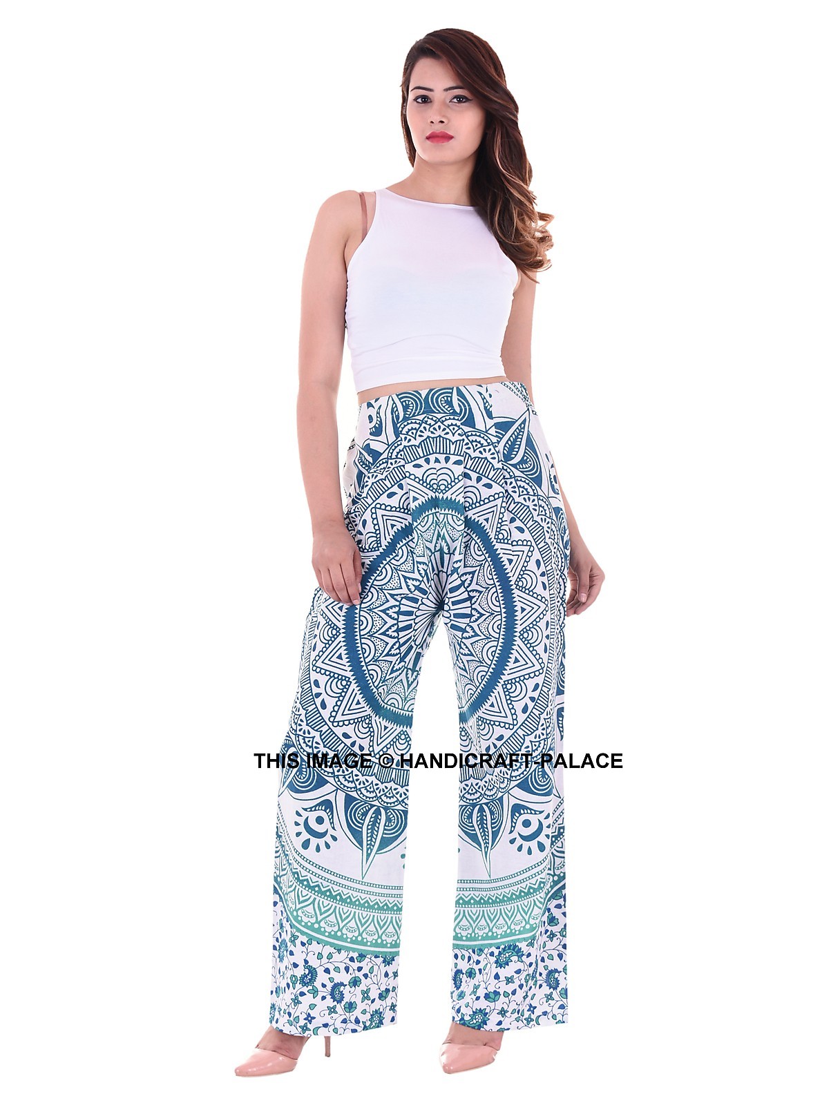 Indio Mujer Tresillo Mandala Pantalones Cintura Alta Ancho Pierna Largos Palazzo