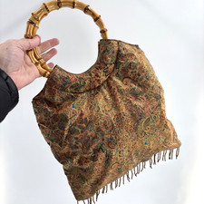 Vtg Top Handle Bag Silky Paisley Print Gold Beaded Boho Bamboo Handbag Purse