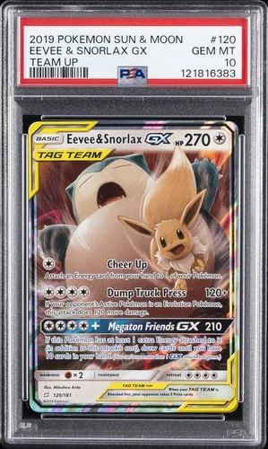 2019 POKEMON SUN & MOON TEAM UP #120 EEVEE & SNORLAX GX PSA 10