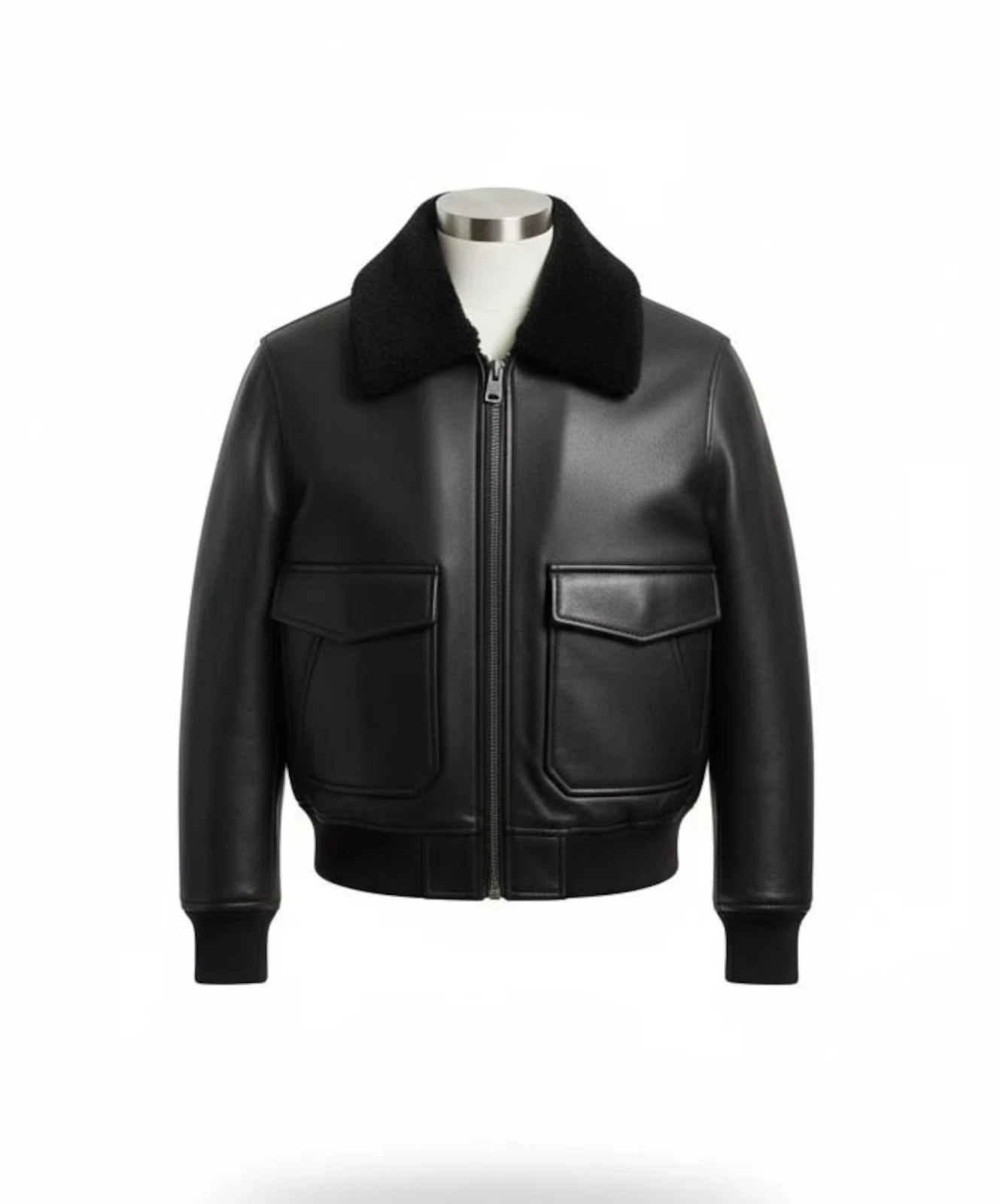 Men's Black Leather Bomber Jacket Fur Collar Flight A2 Ribbed Cuffs Zip Coat