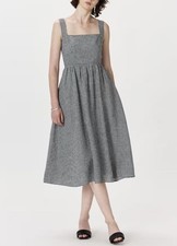 Quince 100%European Linen Fit&Flare Midi Dress M Black Gingham Adjustable Straps