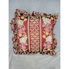 Vintage Style Burgundy Gold Floral Brocade Ruffled Decorative Throw Pillow 22in