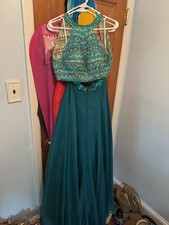 size 0 Teal 2-Piece Formal Dress Beaded Halter Crop Top Chiffon Polyester Skirt