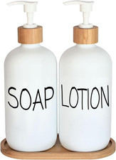 White Soap Dispenser Bathroom Set, Set with Glass Dispenser, Bamboo Pumps  Tray