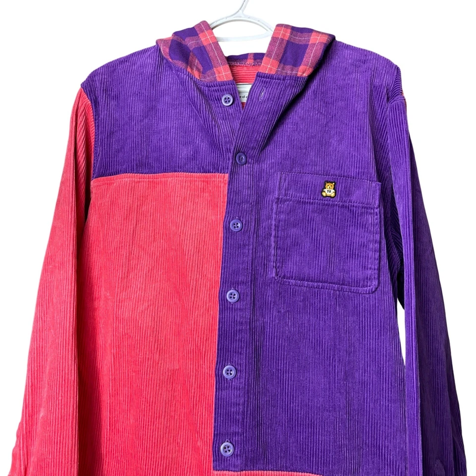 Teddy Fresh size Large Corduroy Button Front Shirt Shacket Hoodie Colorblock - Image 4 of 4