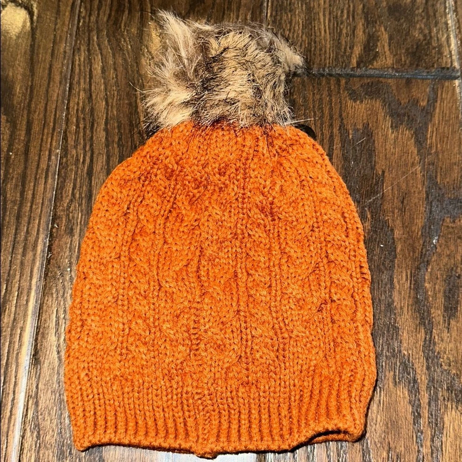 Honey Bean rust brown Orange Knit Beanie with Faux Fur Pom for baby