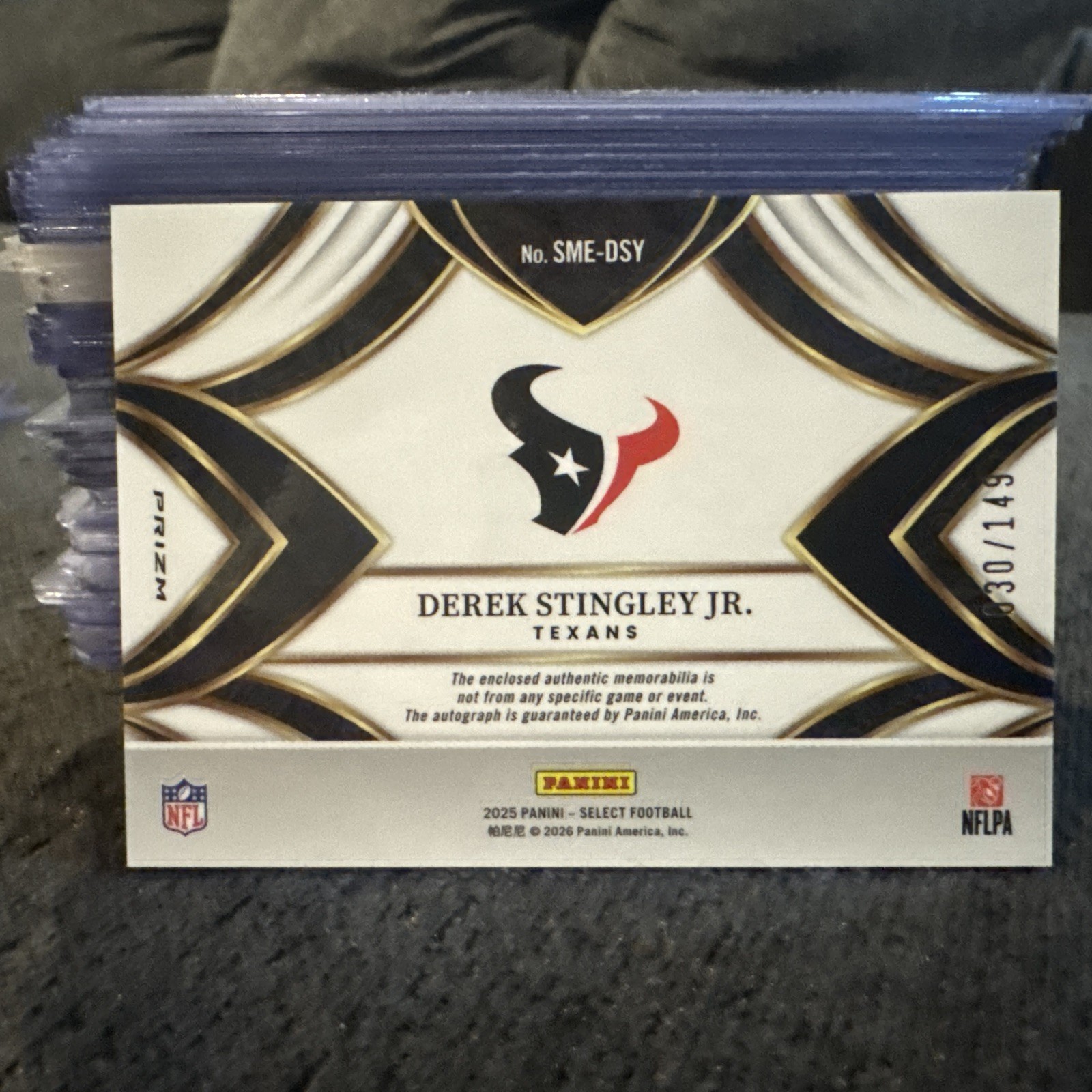 2025 Panini Select Derek Stingley Jr RPA Patch Auto Prizm /149 Texans SME-DSY view 1
