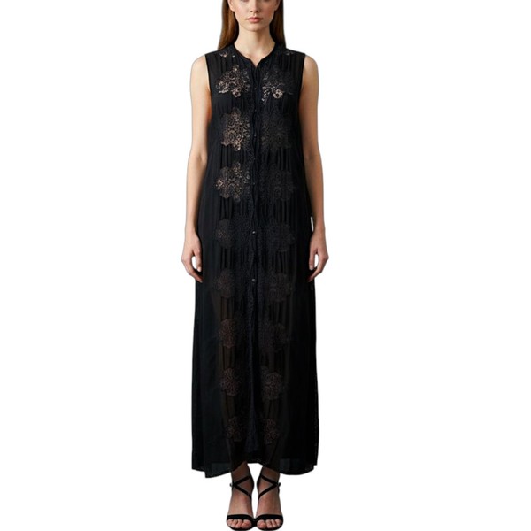 Johnny Was Black Maxi Shirt Dress Size M Sleeveless Semi Sheer Blue Embroidery 
