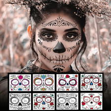 Day of the Dead Face Tattoos - 8 Sheet Halloween Temporary Tattoos Face Sticker