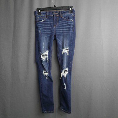 Fashion Nova Womens Jeans Juniors 1 Blue Distressed Grunge Rock Skinny Mid Rise