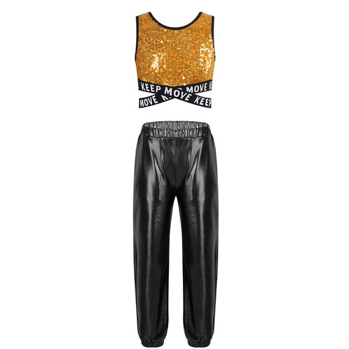 Kids Girls Tracksuit Sequins Hip Hop Criss-cross Crop Top With Pants Round Neck - Picture 13 of 68