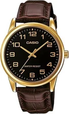 Casio MTP-V001GL-1B Black Analog Brown Leather Gold Tone Bezel Men's Dress Watch