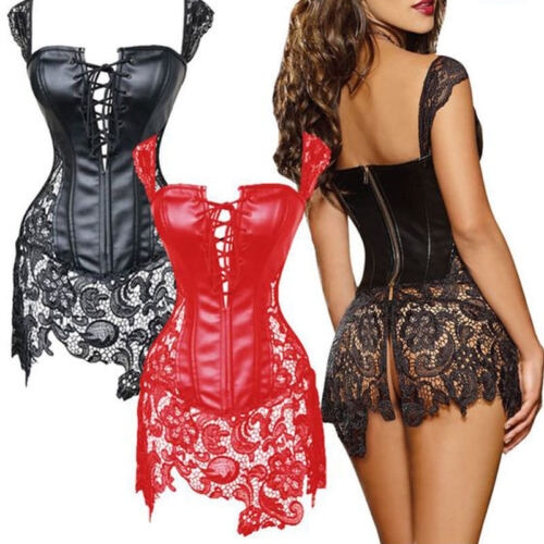Women Sexy Faux Leather Corset Top Bustier Burlesque Costume Plus Size Lingerie - Picture 1 of 30