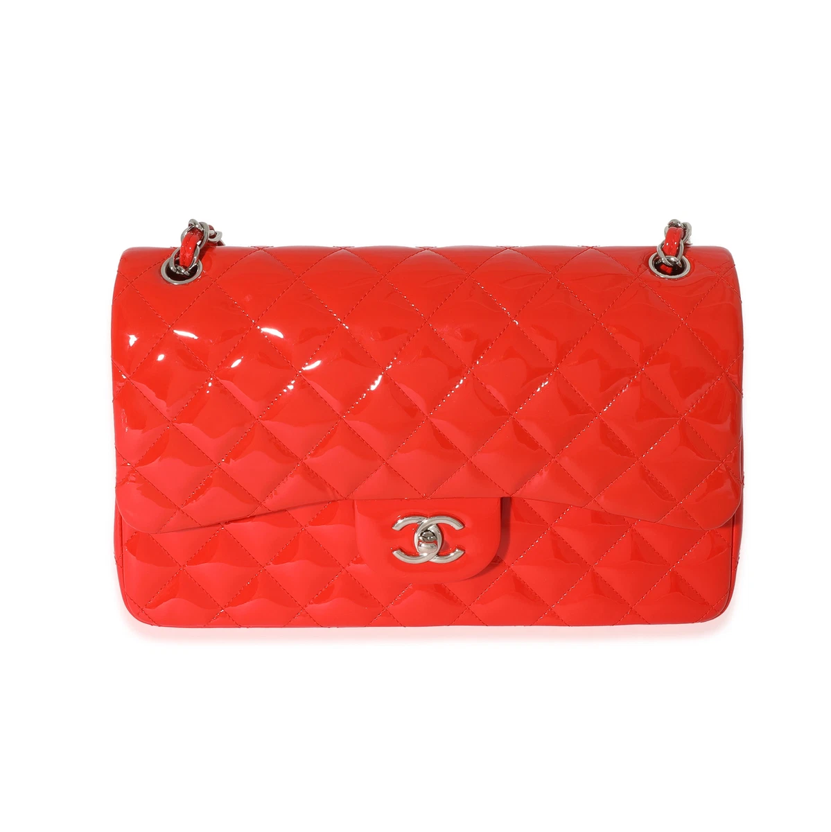 Chanel Orange Quilted Patent Leather Jumbo Double Flap Bag