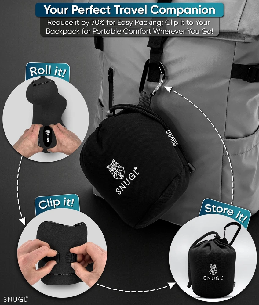 TRAVEL PILLOW Memory Foam Neck Support Cushion Jet Black Small SNUGL