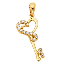 14K Yellow Gold CZ Vintage Key with Heart Charm Pendant For Necklace Chain