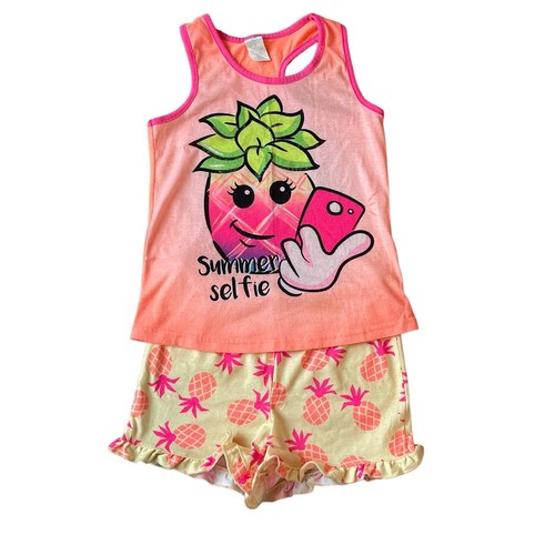 Girls M 7-8 Neon Sparkle Pineapple Sleeveless Summer Selfie Short Pajama Set - Picture 1 of 3