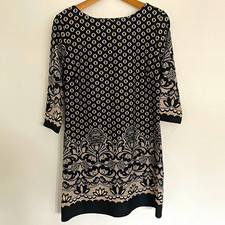 Shift Dress Black/Beige Geometric Lace Pattern Boat Neck 3/4 Sleeve UK 14
