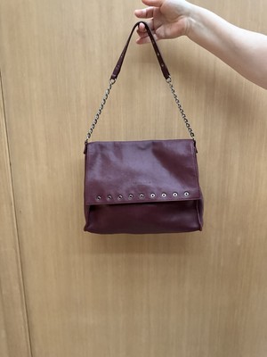 Longchamp Womens Red / Burgundy Leopard Lined Distressed Leather Crossbody Bag