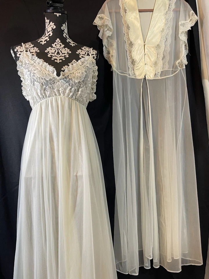 Camisón corpiño de encaje de gasa marfil Peignoir de colección Val Mode 2 piezas y transparente S Foto 2 de 4