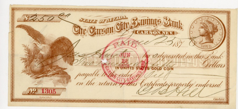1878   Nevada.  Carson City Savings Bank. Banking Services  for  US Mint in 1869