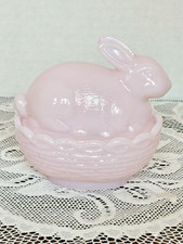 Mosser Glass Bunny on Basket Covered Dish Pink Crown Tuscan 4" New