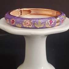 Cloisonne Hinged Bangle Bracelet Purple Pearl Finish with Pink and Green Flowers