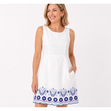 Talbots Petite White Linen Cotton Embroidered Scallop Hem Sheath Dress 8P