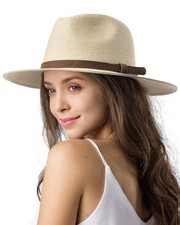 Womens Mens Wide Brim Straw Panama Hat Fedora Summer Beach Sun Hats UPF Straw...