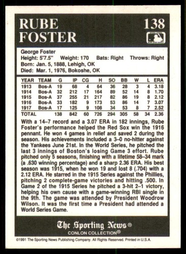 The Sporting News Conlon Collection 1991 #138 Rube Foster Boston Red Sox - Imagen 2 de 2