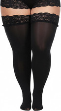 plus Size Thigh High Stockings, Women Sheer Lace Small-Large, Black