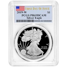 2019-w Proof $1 American Silver Eagle Pcgs Pr69dcam Fdoi Flag Label