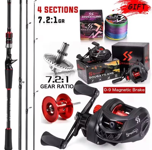 Fishing Rod Reel Combo Carbon Fiber Baitcasting 7.2:1 Gear Set - Foto 11 di 20