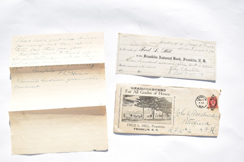 RARE 1917 HORSE BREEDER ENVELOPE, LETTER, BANK RECEIPT, FRANKLIN, NEW HAMPSHIRE