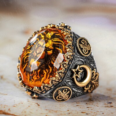 925 Sterling Silver Big Amber Stone In 3D Lion Head Rock Ring Gift