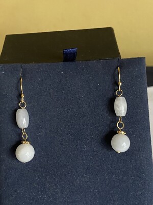 Unworn Yellow Gold Gilt Sterling Silver And Milky Quartz Earrings 3.5cm Length 