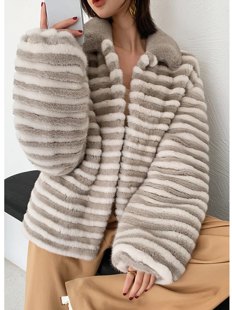 Real Mink Fur Coats Women Leather Warm Color Block knitted Fur Jacket Outerwear