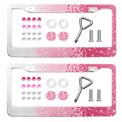 2x Bling Car License Plate Frame Crystal Rhinestone Tag Cover Gradient Pink Lady