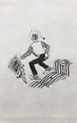 Karl Adser 1912-1995 Mann mit Zeitung hat sich auf Reißzwecke gesetzt Schmerzen 