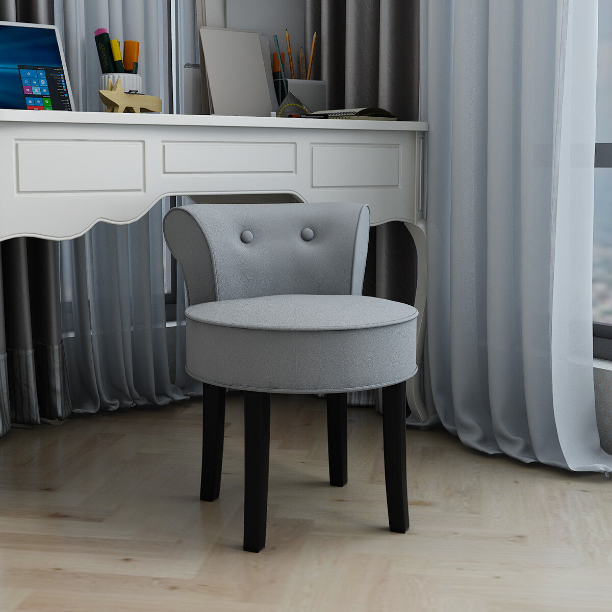 Vanimeu Velvet Dressing Table Stool Makeup Vanity Stool Chair Bedroom Stool Wood Legs Beige