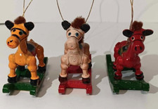 Set of 3 Vintage Christmas Ornament Wooden Rocking Horse Decoration, Nostalgia