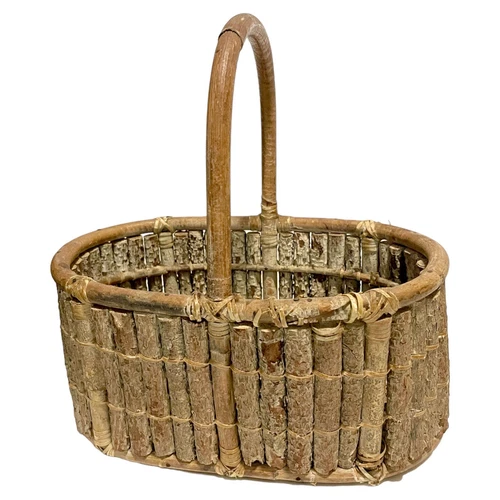 UNIQUE VINTAGE Handmade wooden Basket Handle Natural Brown 9.5”x9”x5” Rustic