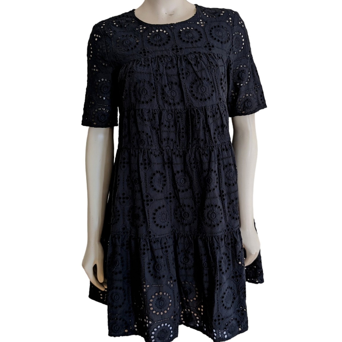 STAUD Hyacinth Mini Dress Black Embroidered Eyelet Size Small Short Sleeve  NEW