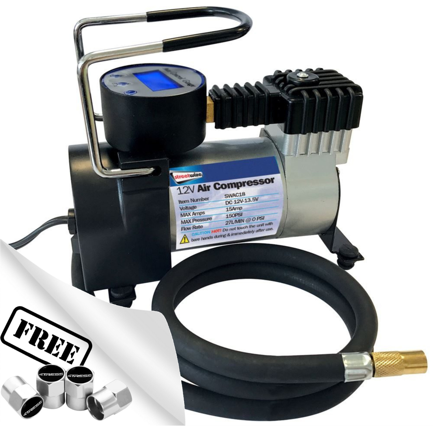 Streetwize - Automatic Cut Off Mistral Metal Air Compressor - 12V - Tyre Inflator, Analogue Pressure Gauge (SWAC18) - Image 3