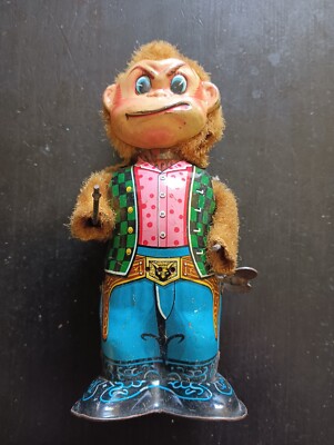 YONEZAWA VINTAGE RARE JAPAN HAND WIND UP TIN TOY WALKING MONKEY COWBOY ...